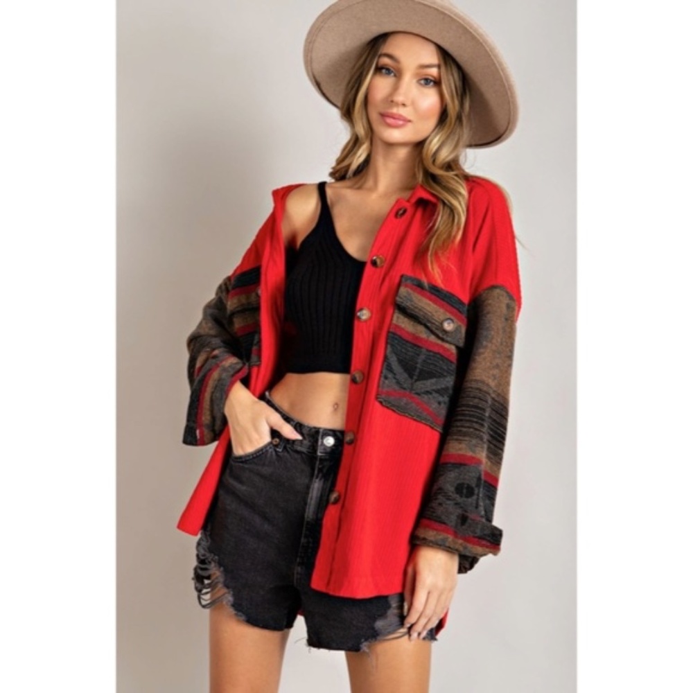 Red Corduroy Aztec Tribal Western Printed Shacket Shirt Jacket - Picture 3 of 6